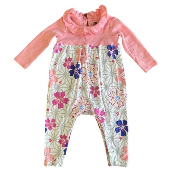 Tea Collection Long Sleeve Floral Jumpsuit with Ruffle Neckline Size 9-12M - Picture 1 of 3
